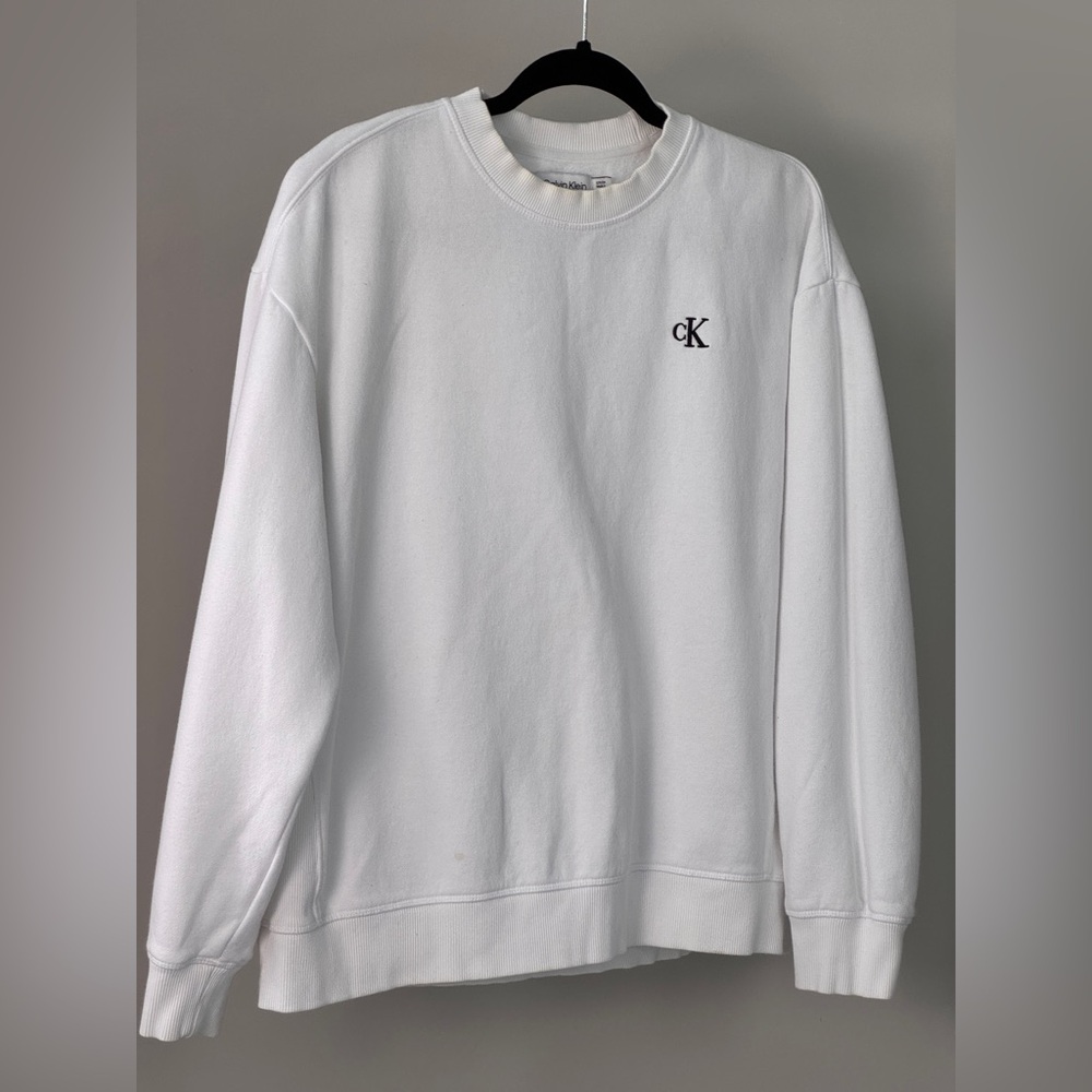 Calvin Klein White Crewneck Sweater with Ribbed Details